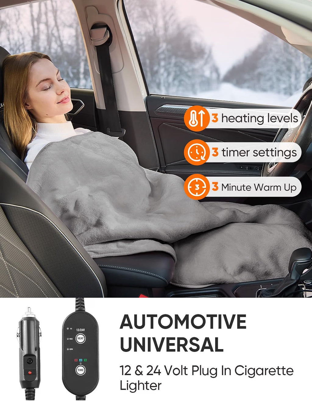 12V/24V Heated Car Blanket – Electric Flannel Heating Throw with 3 Heat Settings & Auto-Off Timer, 60" × 44", Grey
