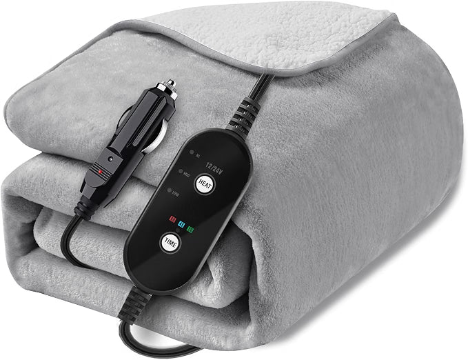 12V/24V Heated Car Blanket – Electric Flannel Heating Throw with 3 Heat Settings & Auto-Off Timer, 60" × 44", Grey