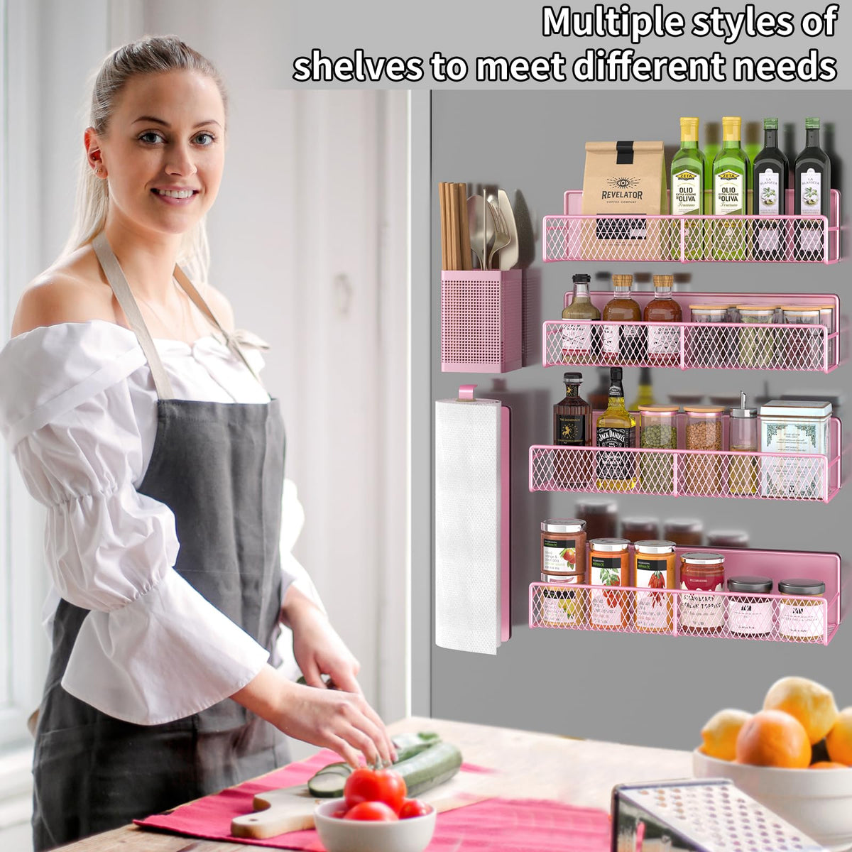 6-Pack Magnetic Spice Rack for Refrigerator – Strong Metal Fridge Shelves with Paper Towel Holder & Utensil Racks, Space-Saving Kitchen Organiser, Pink