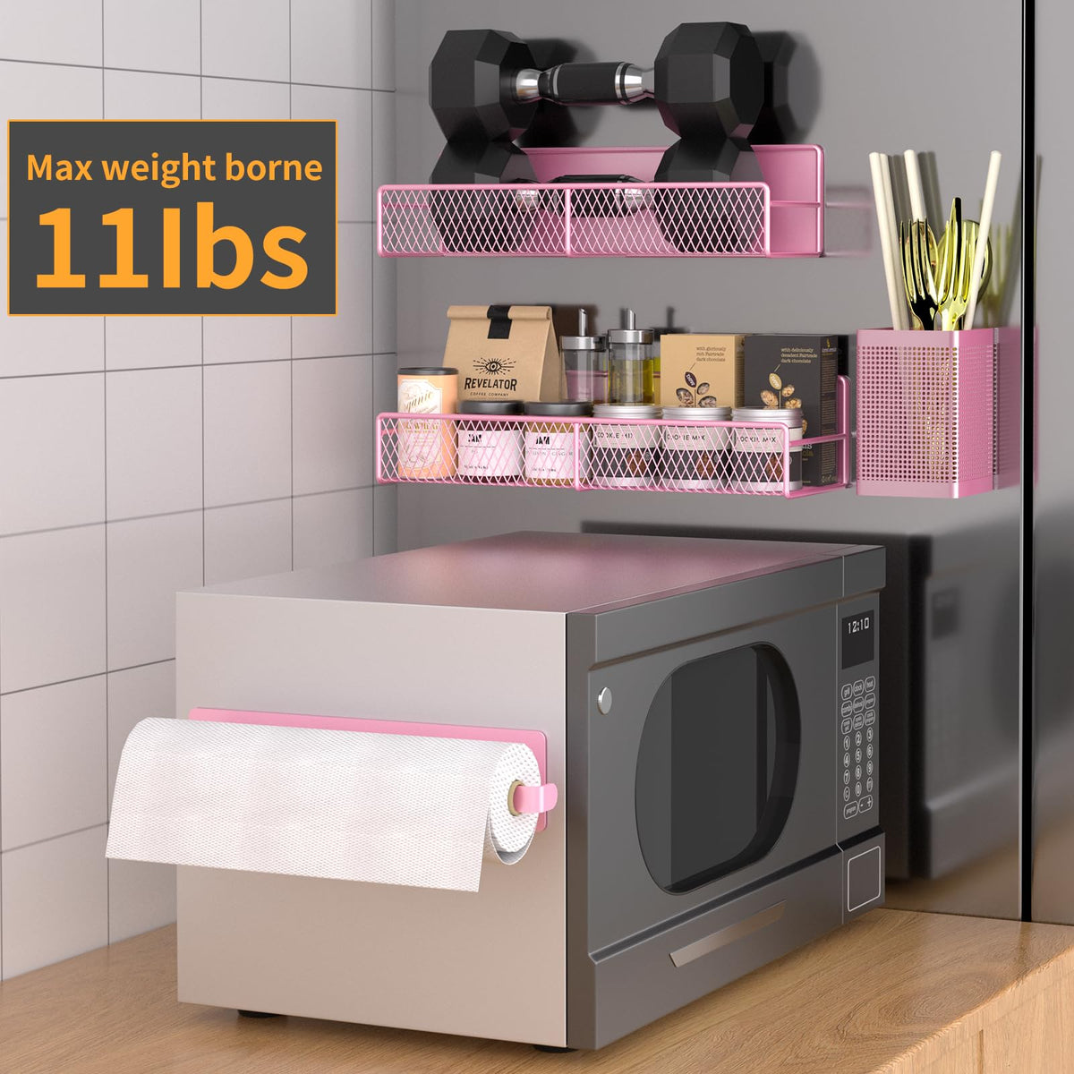 6-Pack Magnetic Spice Rack for Refrigerator – Strong Metal Fridge Shelves with Paper Towel Holder & Utensil Racks, Space-Saving Kitchen Organiser, Pink