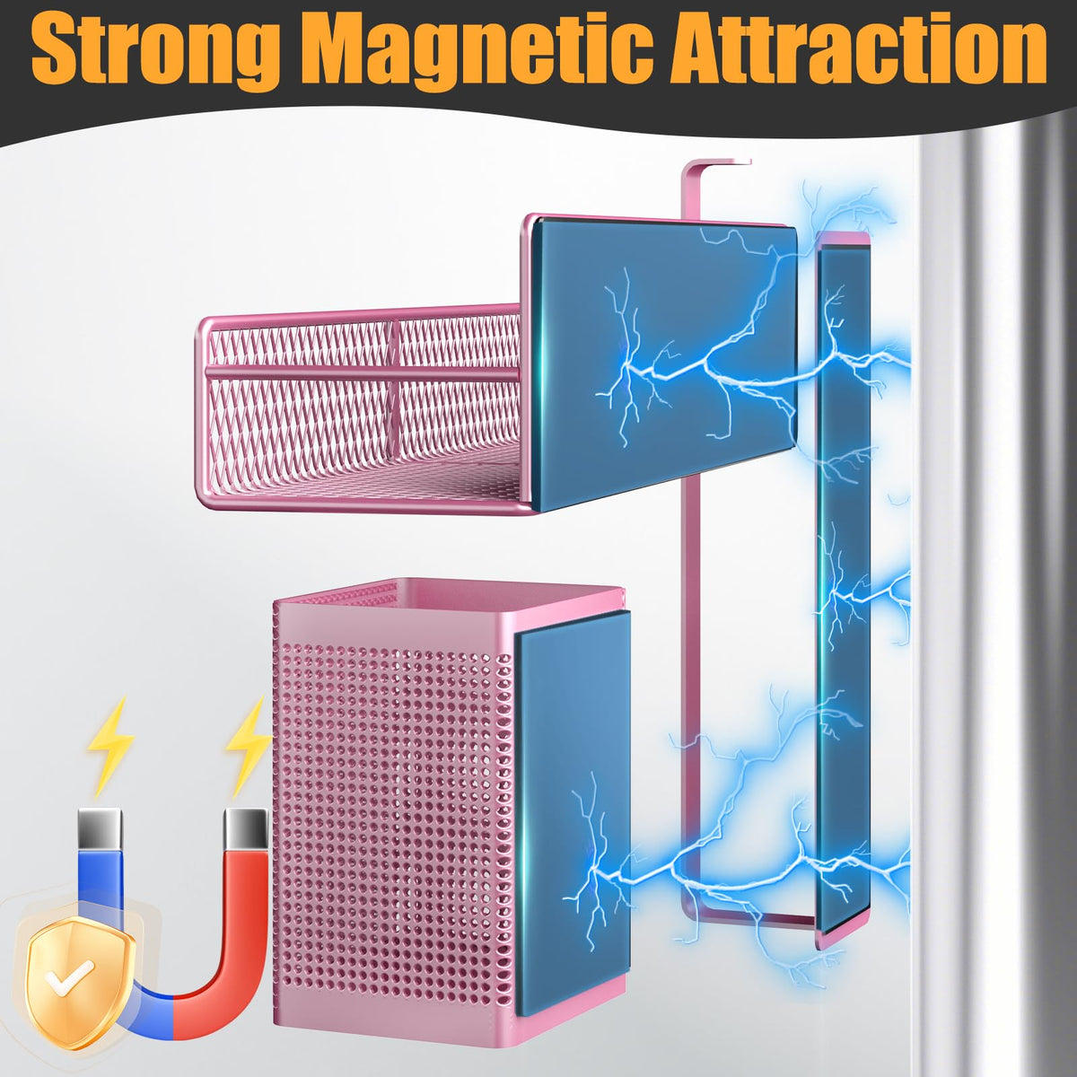 6-Pack Magnetic Spice Rack for Refrigerator – Strong Metal Fridge Shelves with Paper Towel Holder & Utensil Racks, Space-Saving Kitchen Organiser, Pink