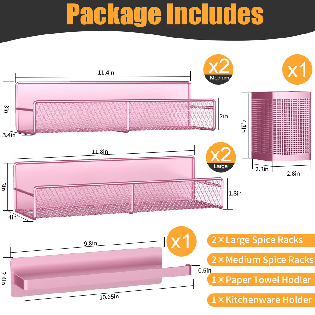 6-Pack Magnetic Spice Rack for Refrigerator – Strong Metal Fridge Shelves with Paper Towel Holder & Utensil Racks, Space-Saving Kitchen Organiser, Pink