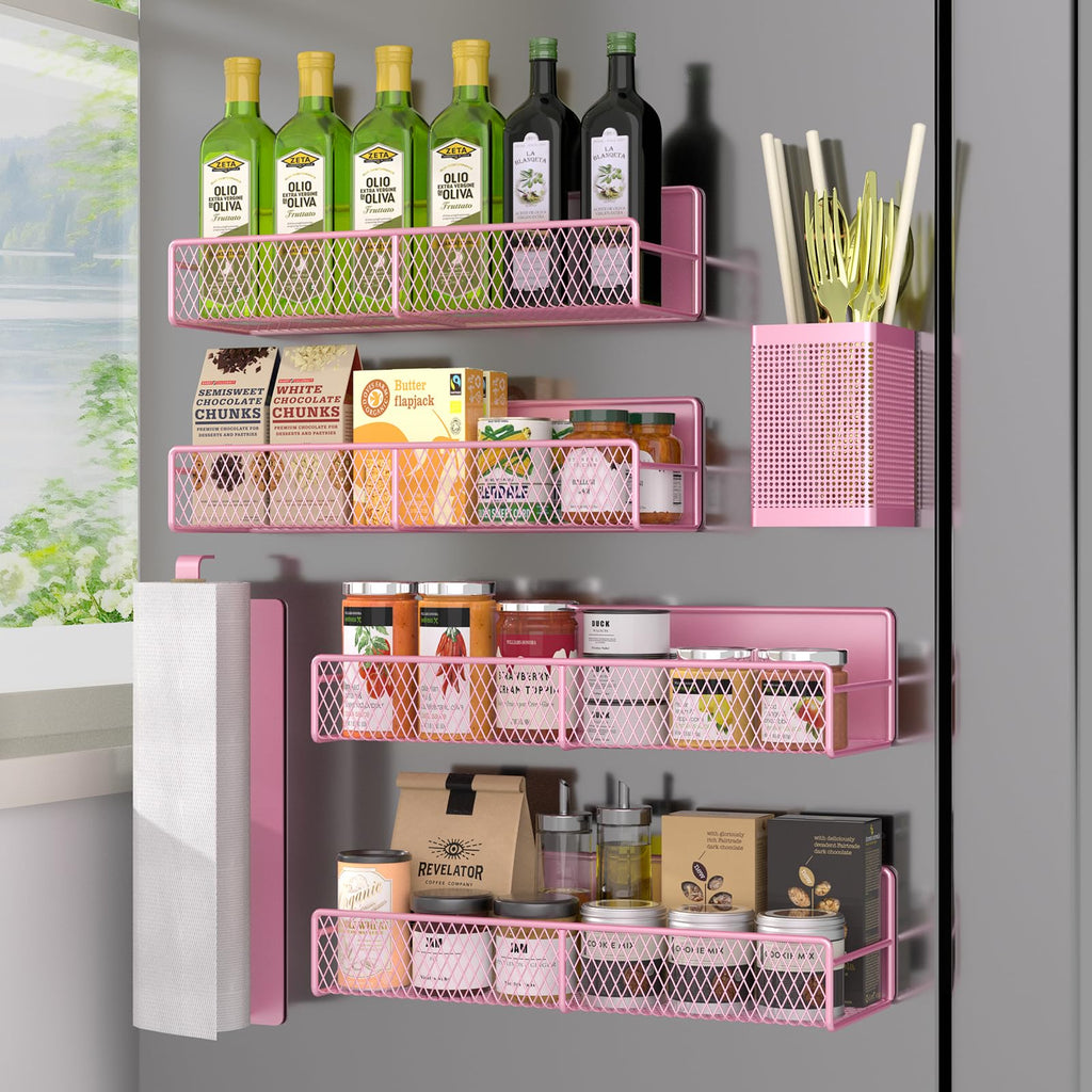 6-Pack Magnetic Spice Rack for Refrigerator – Strong Metal Fridge Shelves with Paper Towel Holder & Utensil Racks, Space-Saving Kitchen Organiser, Pink