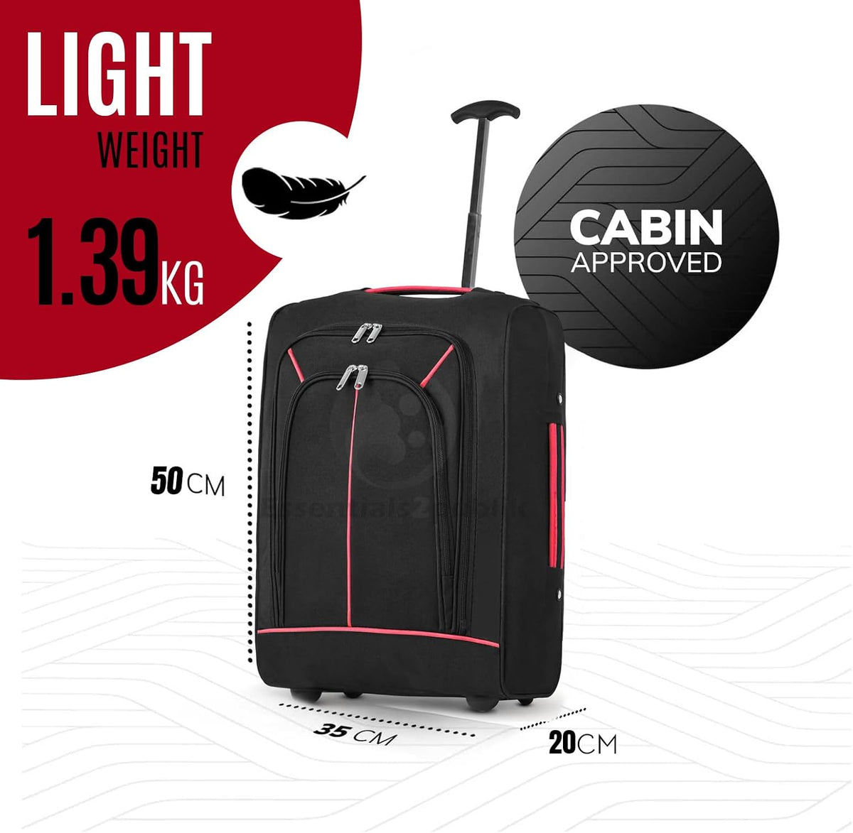 35L Cabin Trolley Bag – 50x35x20cm Lightweight Hand Luggage Suitcase with Wheels, Telescopic Handle & Multi-Pockets, Red/Black**