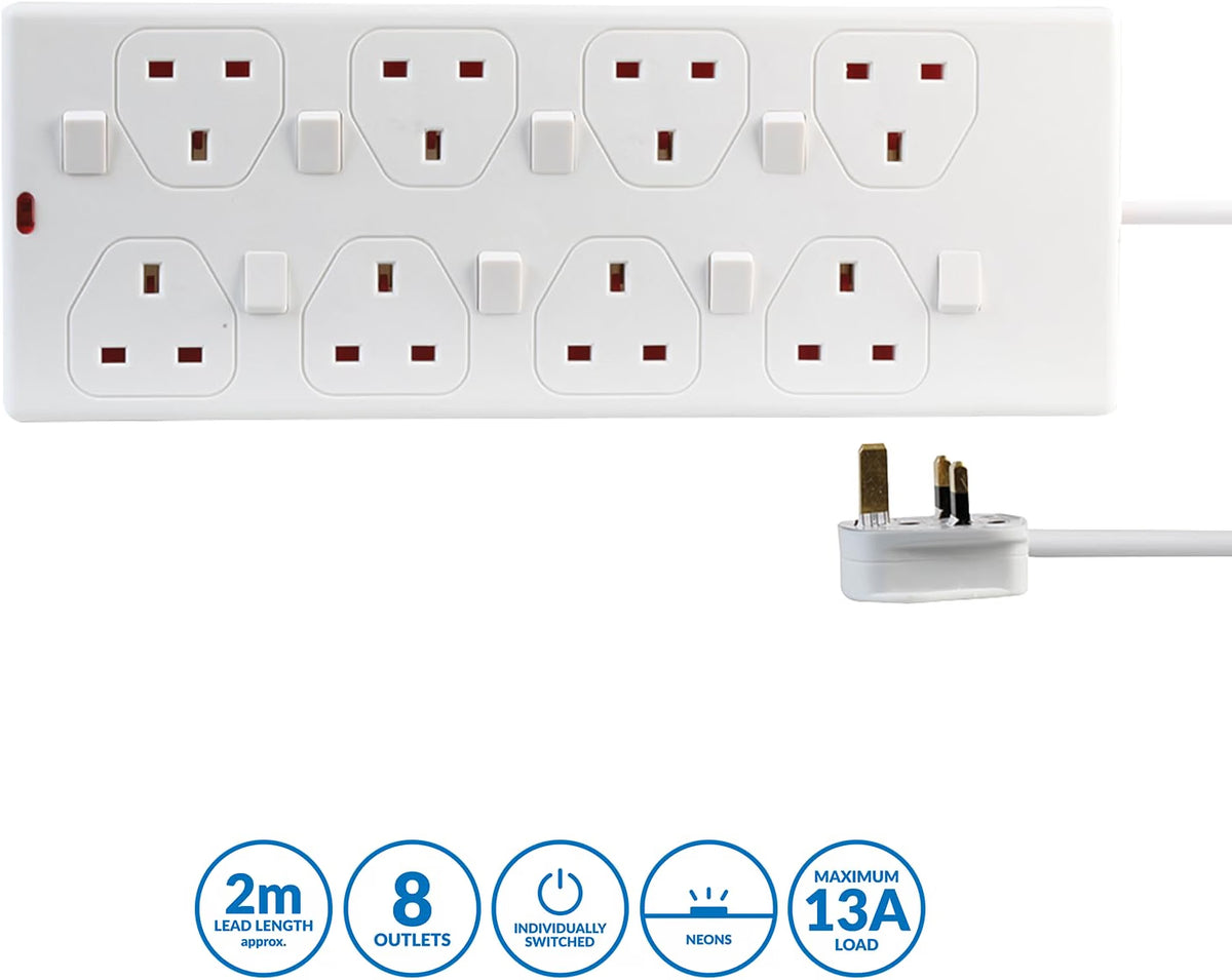 PRO ELEC 8‑Gang Switched Extension Lead, 2m Cable, 13A, White – PEL00033