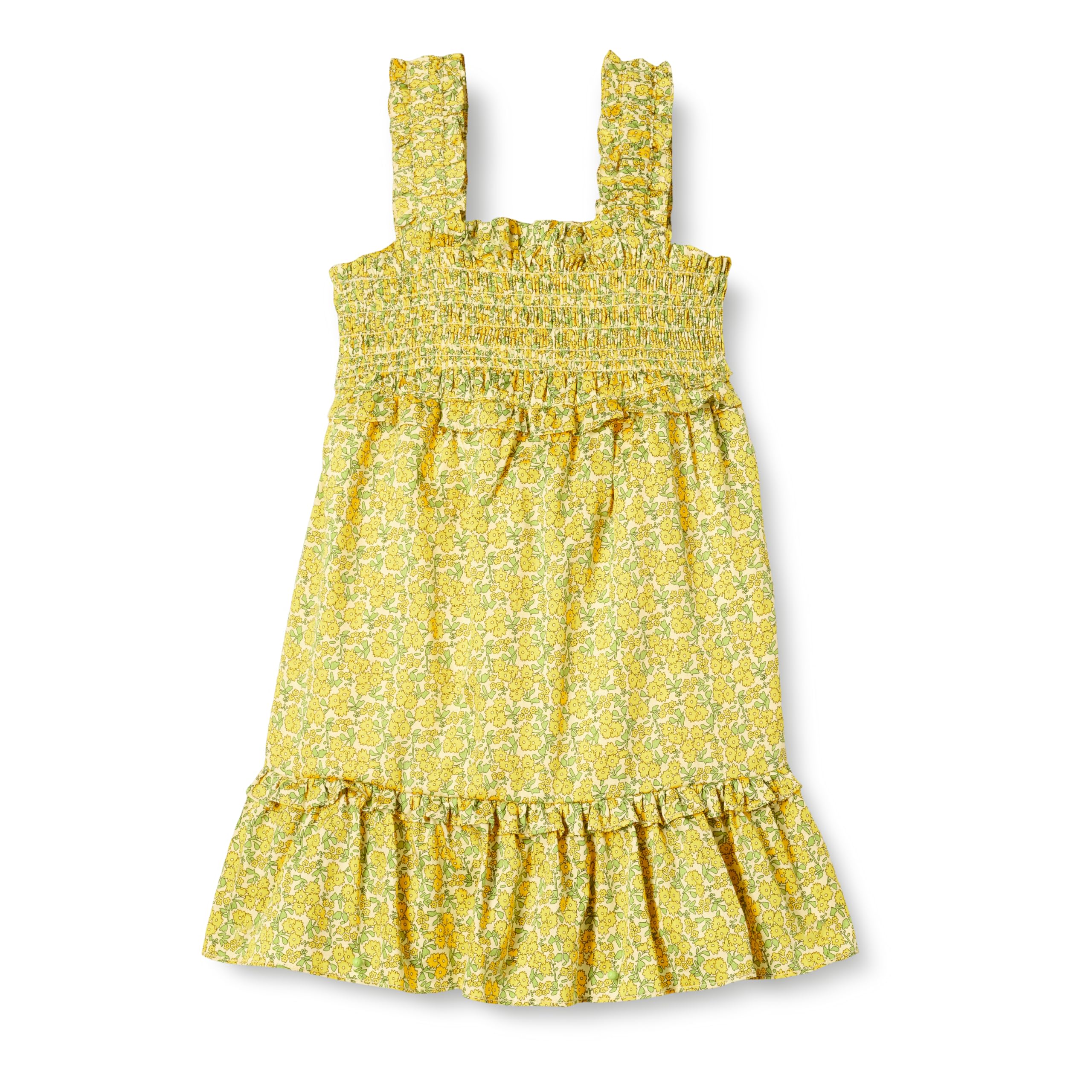 Amazon Essentials Girls' 100% Cotton Smocked Tank Dress, Lemon Posey Floral, 6-7 Years