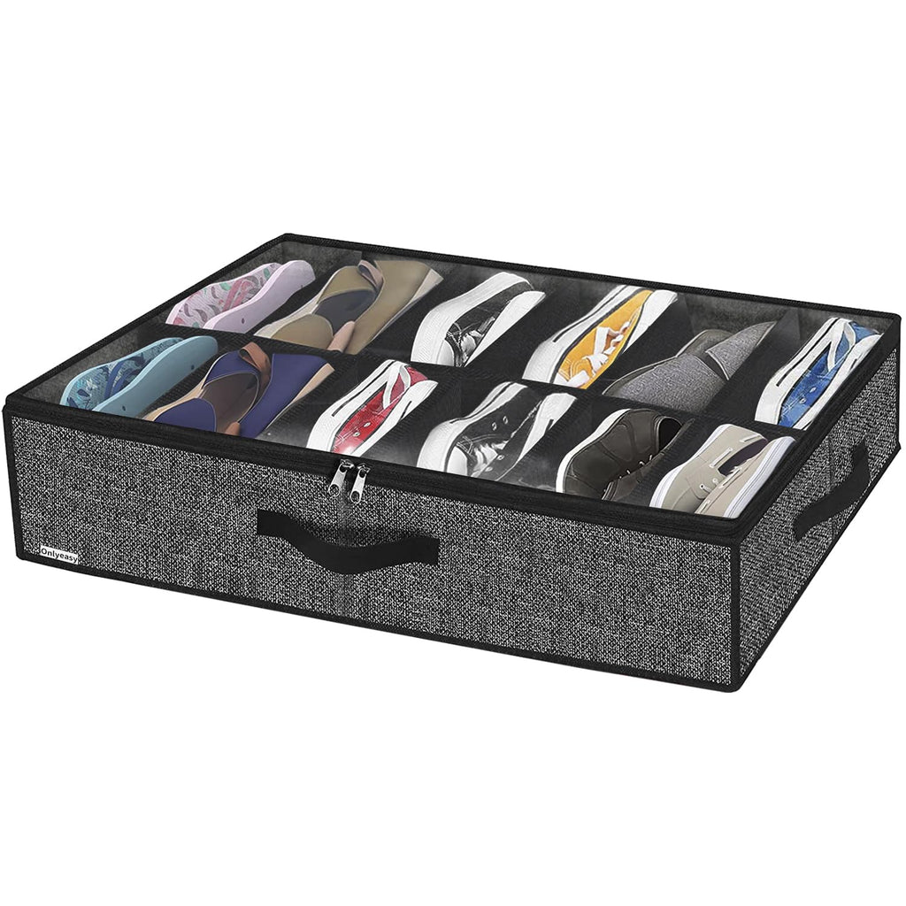 Onlyeasy Under Bed Shoe Storage Organiser – Holds Up to 12 Pairs, Foldable Underbed Shoe Box with Clear Window & Sturdy Handles, Linen-Look Black**