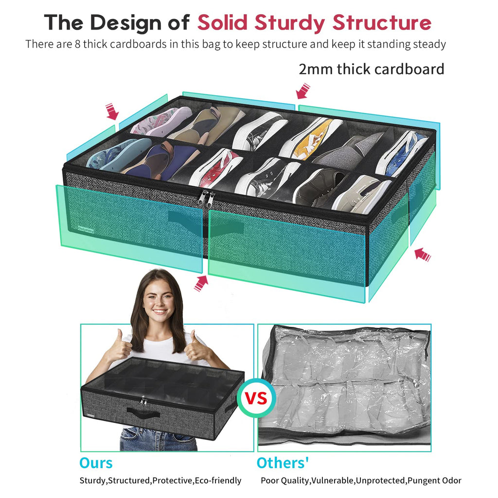 Onlyeasy Under Bed Shoe Storage Organiser – Holds Up to 12 Pairs, Foldable Underbed Shoe Box with Clear Window & Sturdy Handles, Linen-Look Black**
