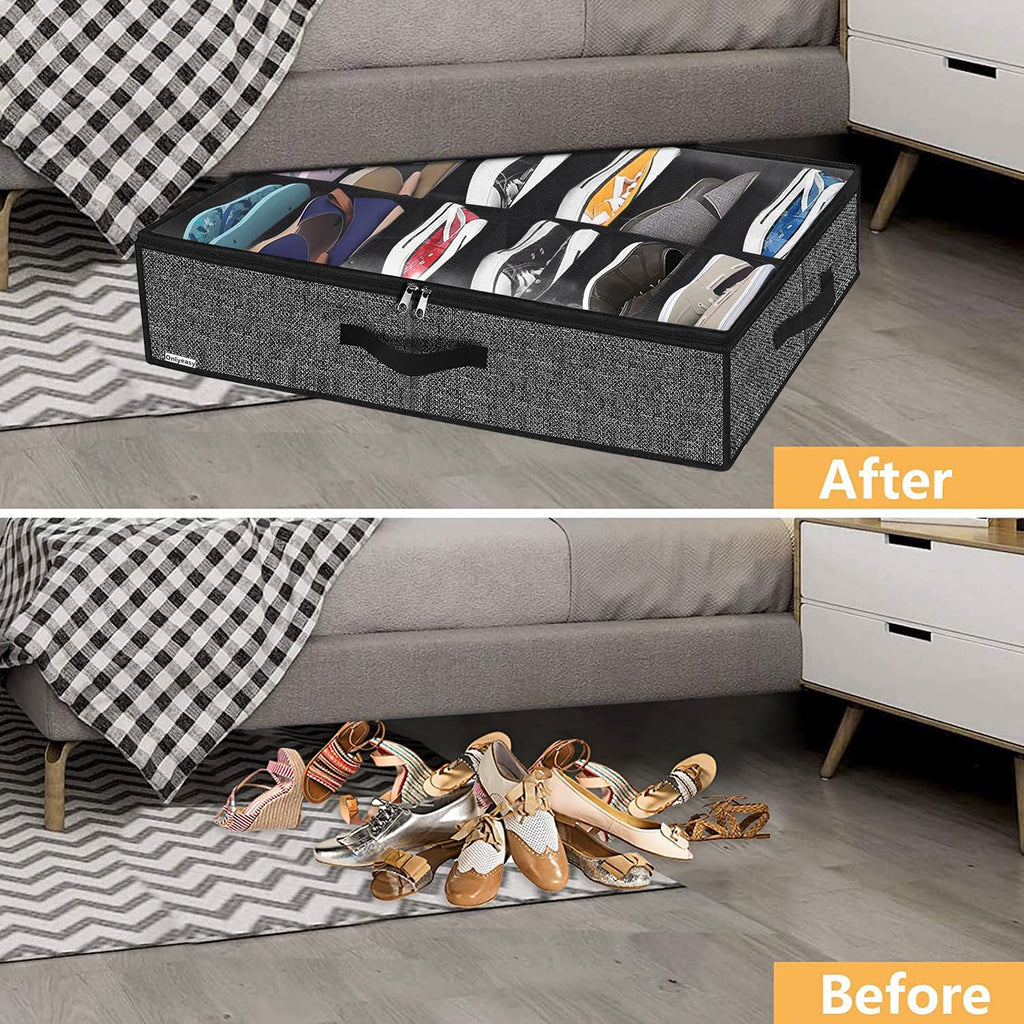 Onlyeasy Under Bed Shoe Storage Organiser – Holds Up to 12 Pairs, Foldable Underbed Shoe Box with Clear Window & Sturdy Handles, Linen-Look Black**