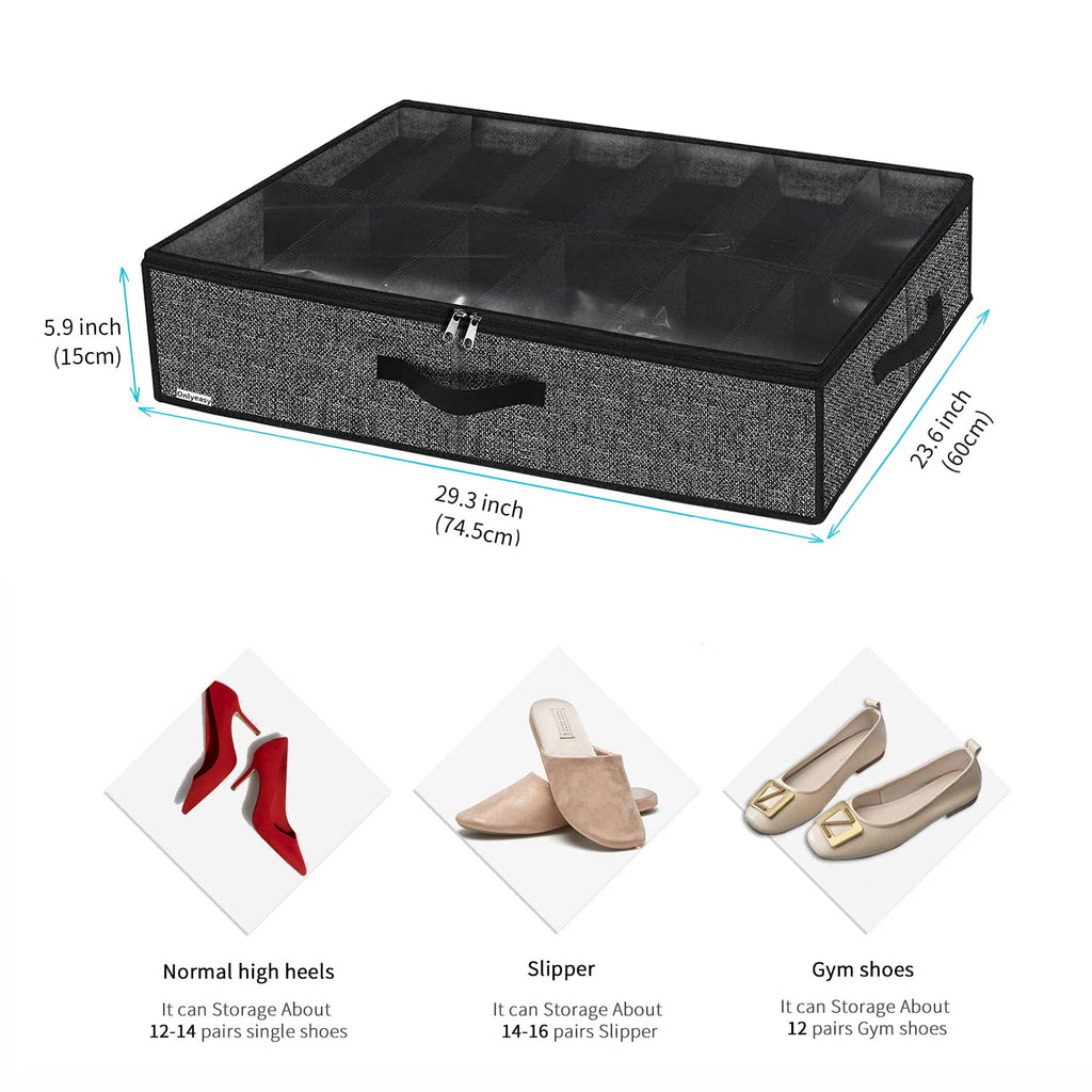 Onlyeasy Under Bed Shoe Storage Organiser – Holds Up to 12 Pairs, Foldable Underbed Shoe Box with Clear Window & Sturdy Handles, Linen-Look Black**