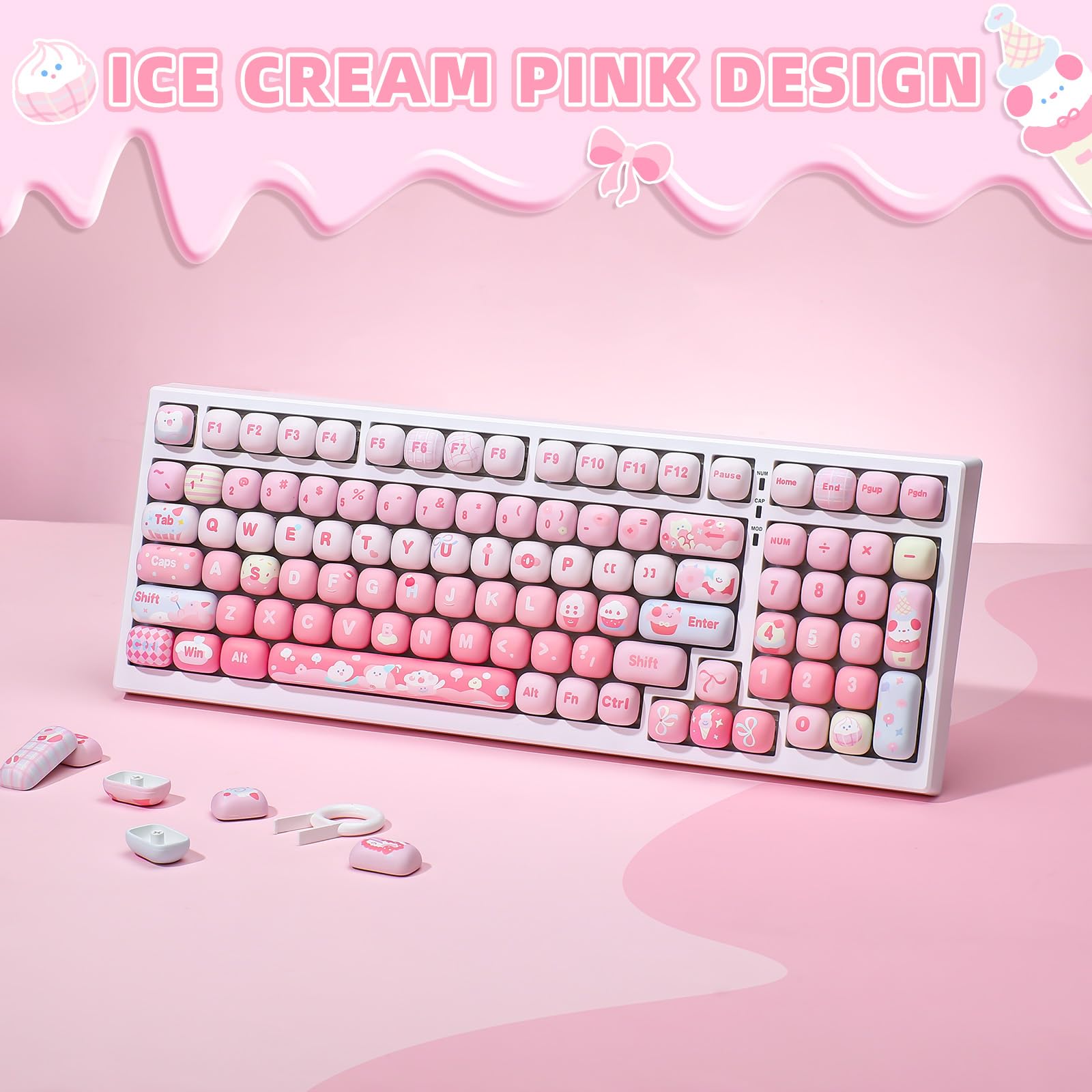 YUNZII Cute Pink Ice Cream Keycaps – 138 Keys PBT MOG Profile Custom Keyboard Keycap Set