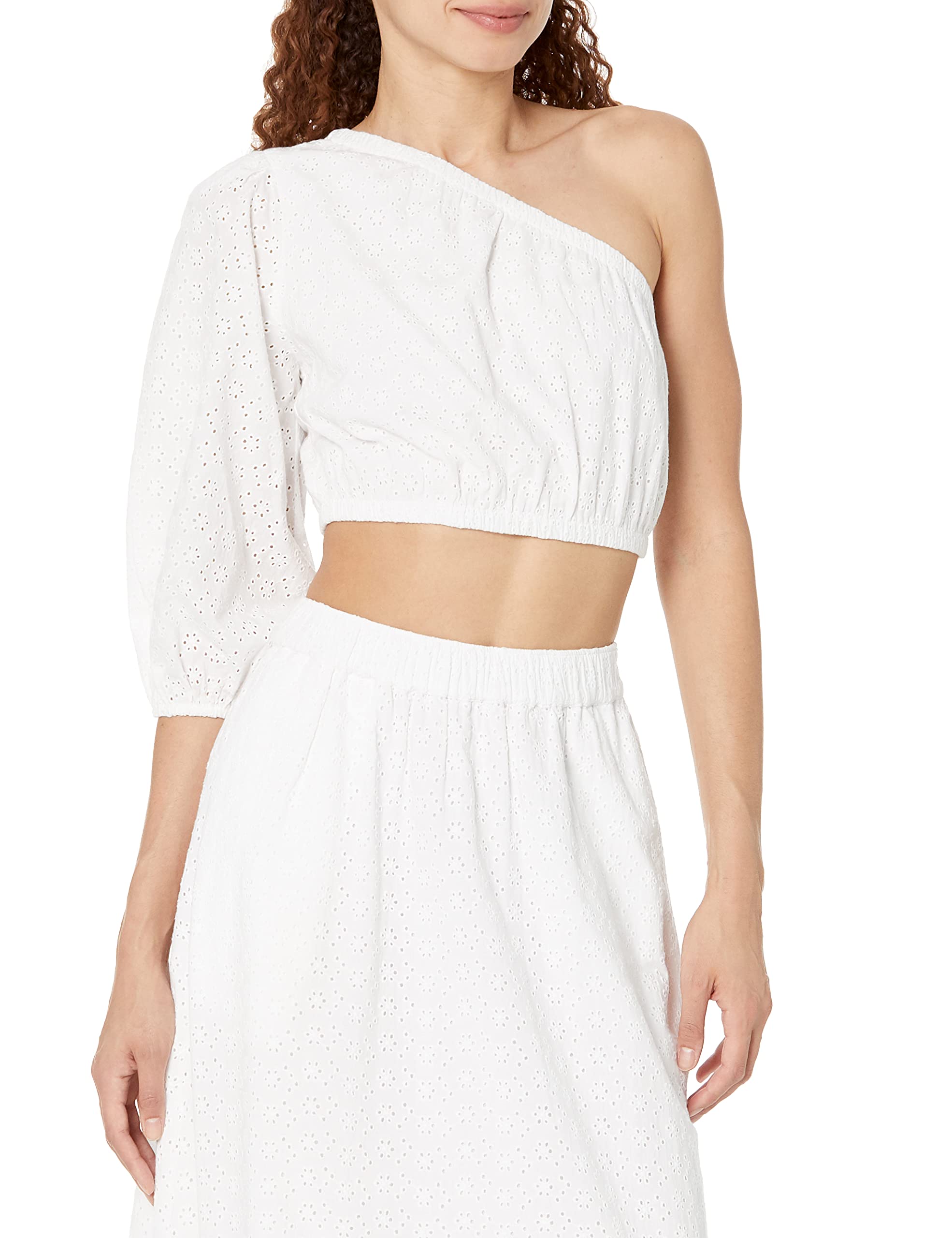 The Drop Women's Anupa Cotton One Shoulder Cropped Top, White Eyelet, XS