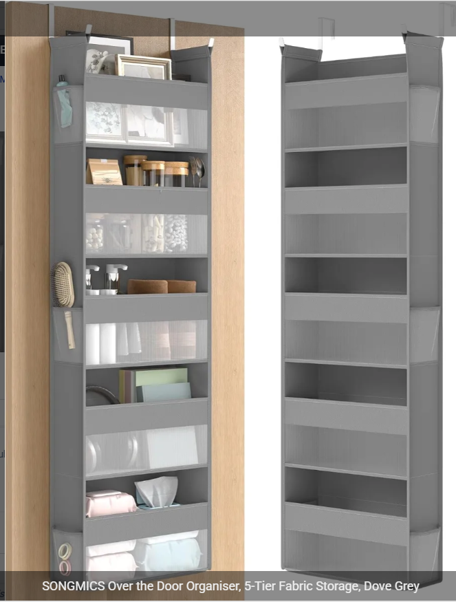 SONGMICS Over the Door Organiser, 5-Tier Fabric Storage, Dove Grey