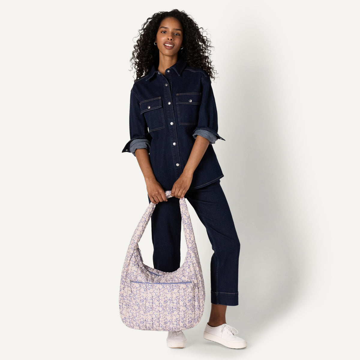 Sofia Grainge Women's Quilted Puffer Tote Bag with Zip, Blue Ivory Delicate Floral