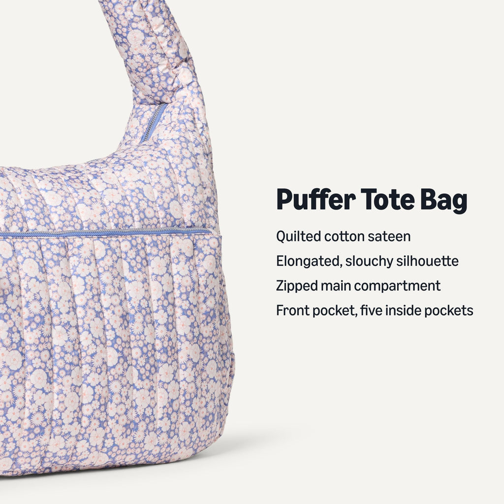 Sofia Grainge Women's Quilted Puffer Tote Bag with Zip, Blue Ivory Delicate Floral