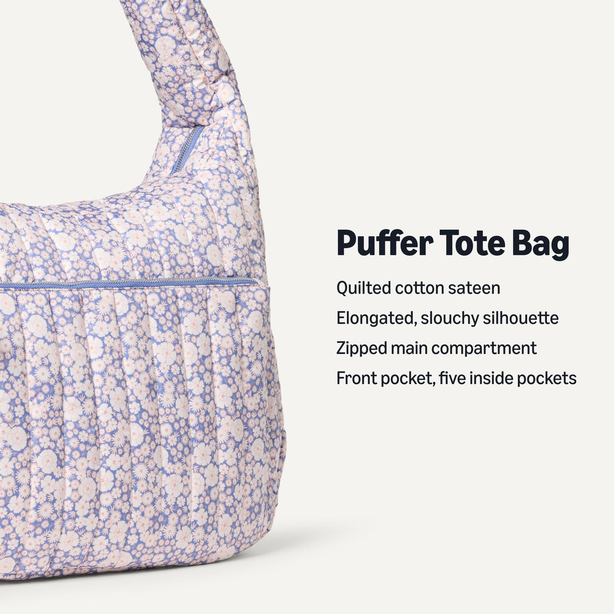Sofia Grainge Women's Quilted Puffer Tote Bag with Zip, Blue Ivory Delicate Floral
